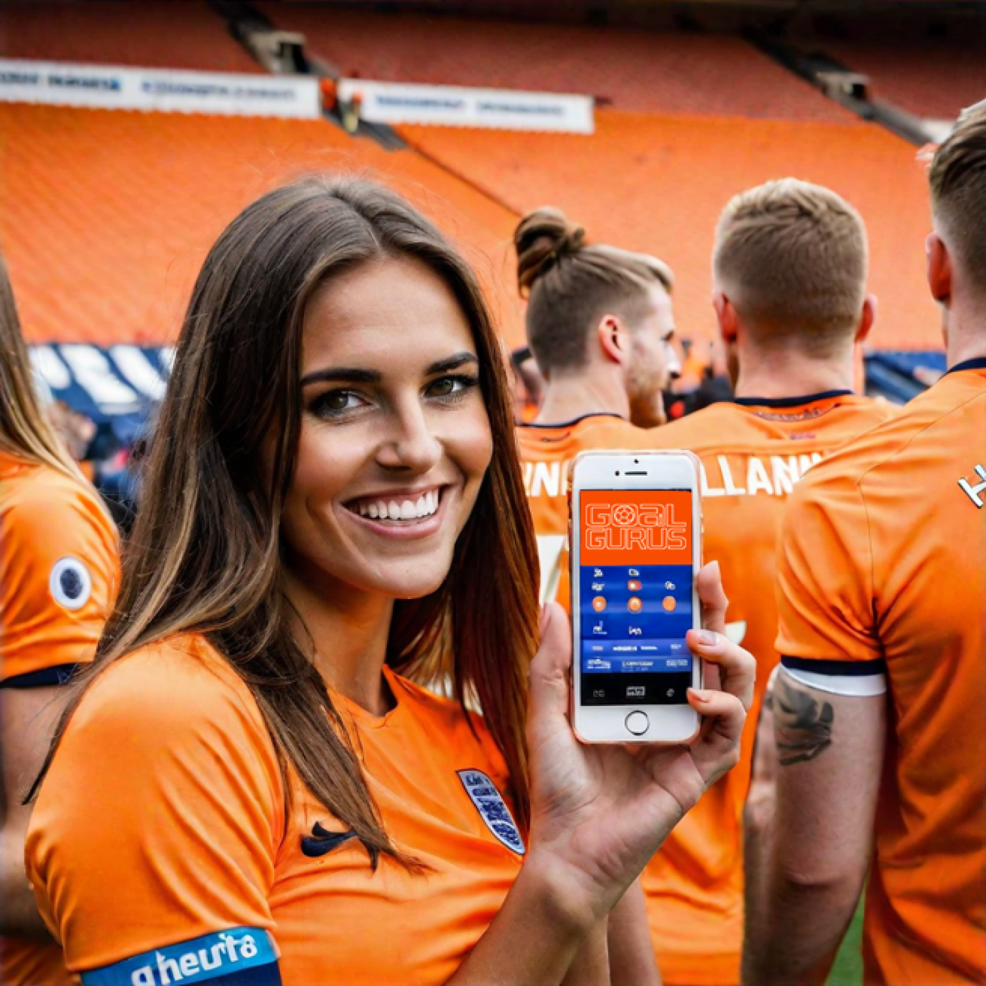 Girl holding iPhone with Goal Gurus app